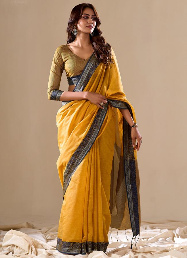 Pure Cotton Yellow Party Wear Weaving Saree